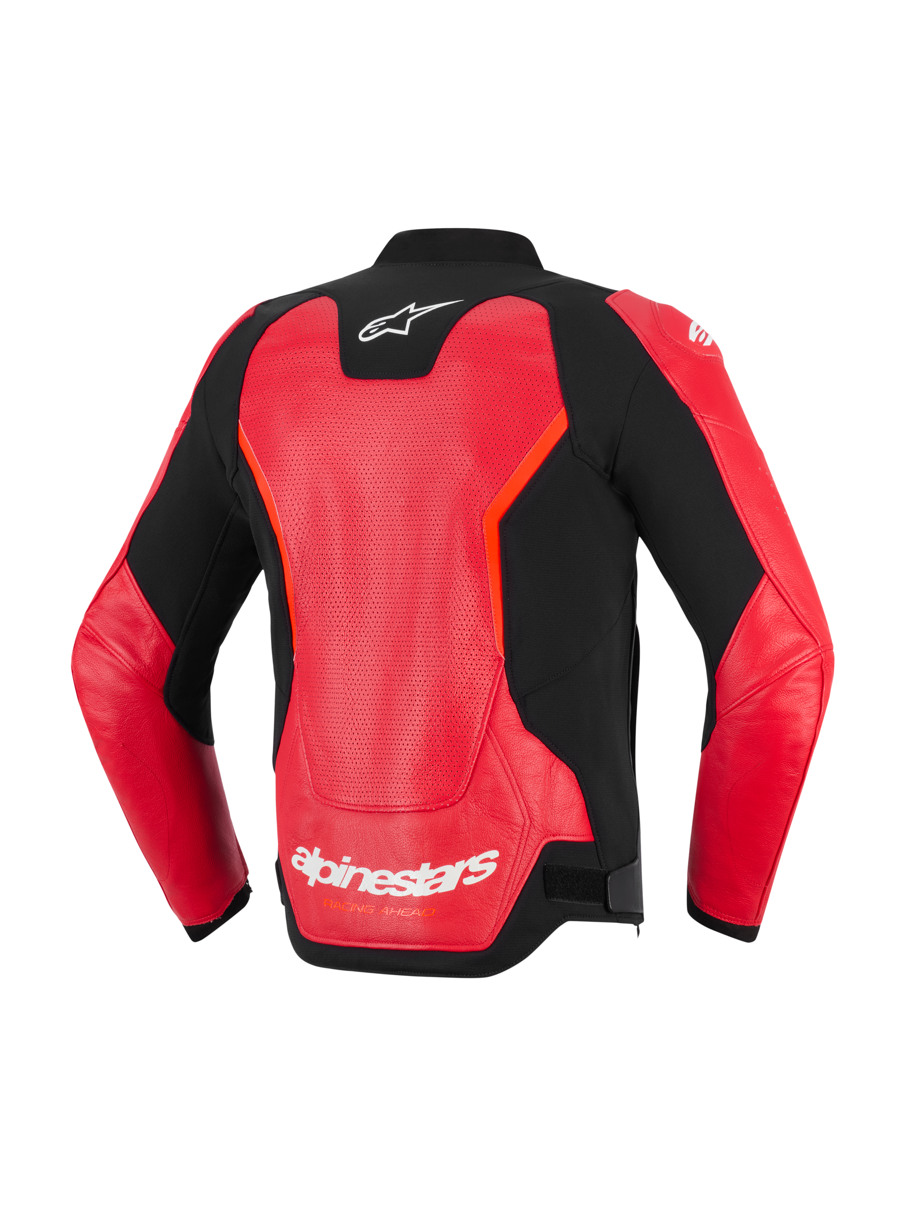 Skórzana kurtka Alpinestars GP Force V2 Air, widok z tyłu, czerwono-czarna, wyposażona w duży perforowany panel skórzany dla wentylacji, białe logo Alpinestars na karku i w dolnej części pleców, nowoczesny sportowy design do jazdy szosowej