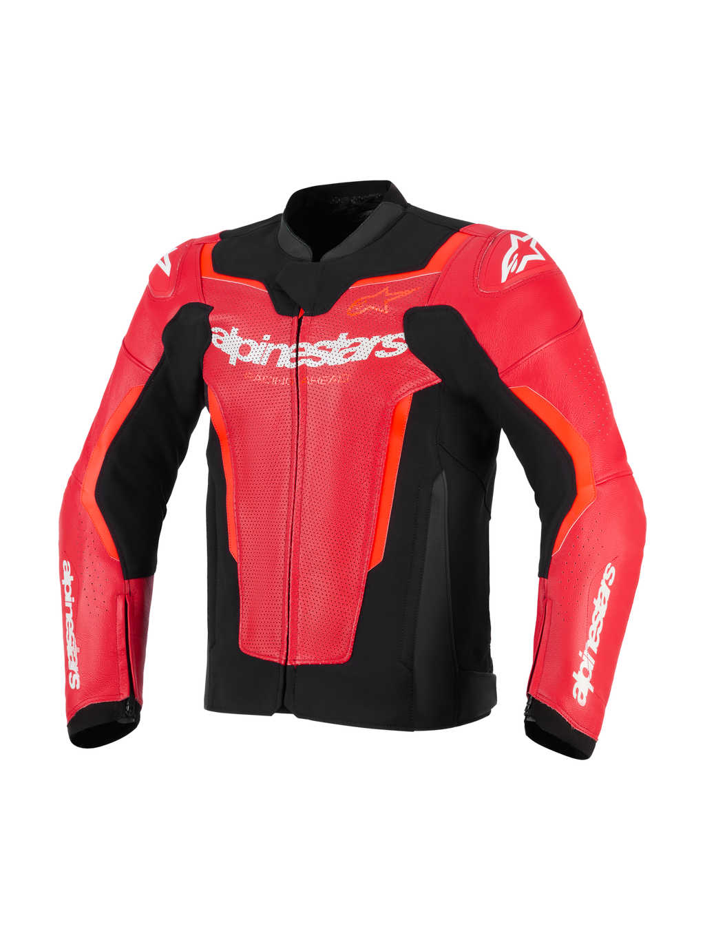 Alpinestars GP Force V2 Air Leather Jacket, skórzana kurtka motocyklowa, czerwona i Red Fluo z czarnymi akcentami, perforowana skóra zapewniająca wentylację, białe logo Alpinestars na piersi, sportowy krój wyścigowy