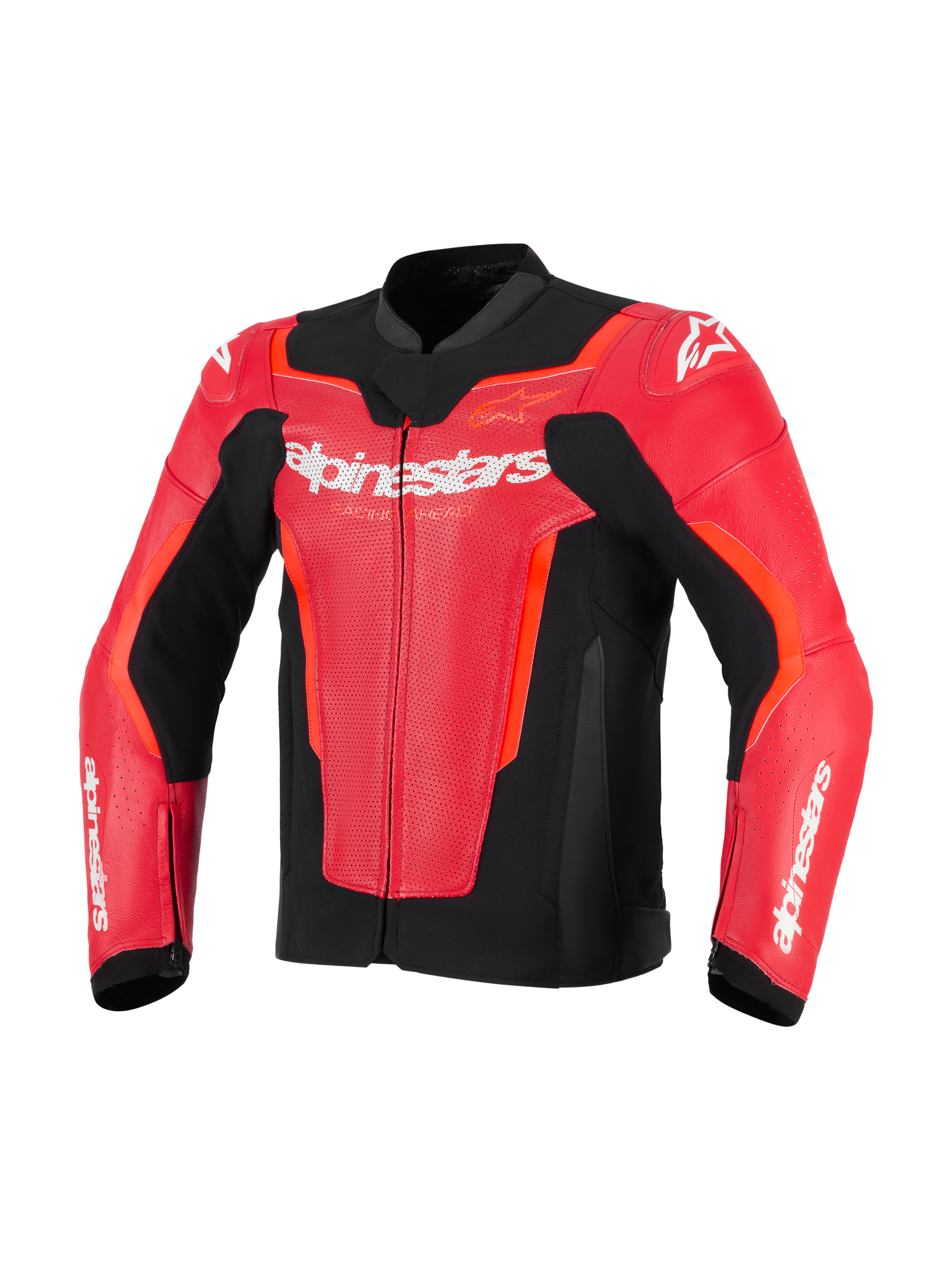 Alpinestars GP Force V2 Air Leather Jacket, skórzana kurtka motocyklowa, czerwona i Red Fluo z czarnymi akcentami, perforowana skóra zapewniająca wentylację, białe logo Alpinestars na piersi, sportowy krój wyścigowy