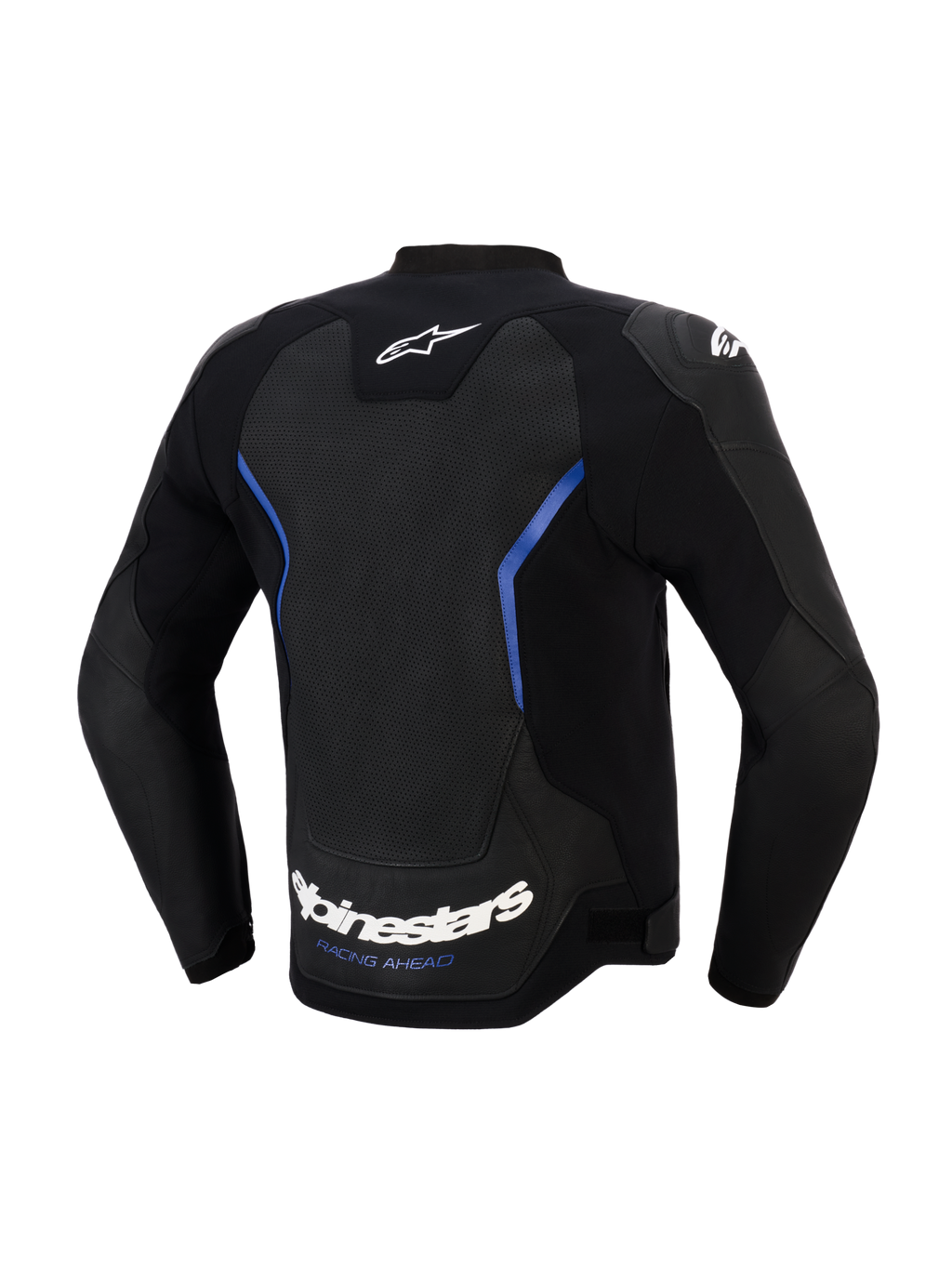 Alpinestars GP Force V2 Airflow Leather Jacket, widok z tyłu, czarna z metalicznymi niebieskimi akcentami, duży perforowany panel skórzany na plecach dla wentylacji, biały napis Alpinestars i slogan „RACING AHEAD” na dolnej krawędzi, profesjonalna sportowa odzież motocyklowa