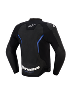 Alpinestars GP Force V2 Airflow Leather Jacket, widok z tyłu, czarna z metalicznymi niebieskimi akcentami, duży perforowany panel skórzany na plecach dla wentylacji, biały napis Alpinestars i slogan „RACING AHEAD” na dolnej krawędzi, profesjonalna sportowa odzież motocyklowa