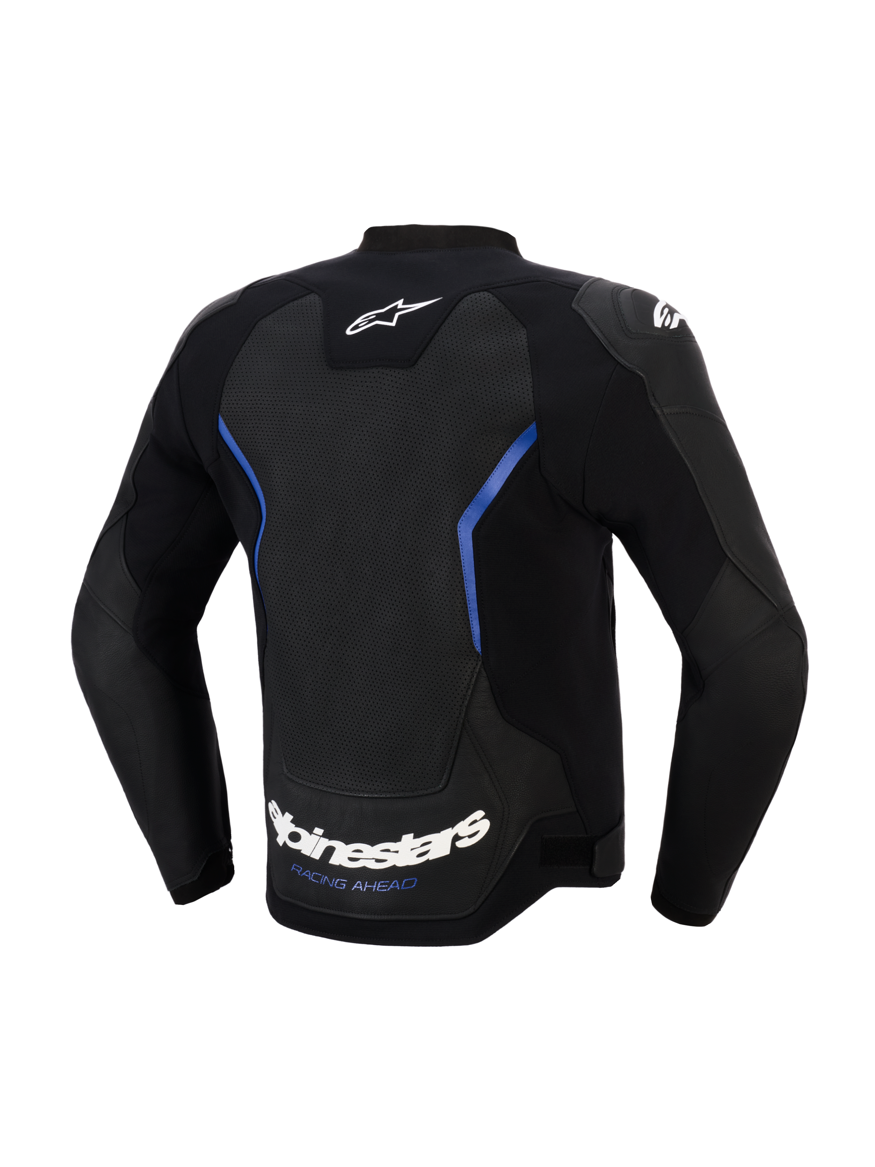 Alpinestars GP Force V2 Airflow Leather Jacket, widok z tyłu, czarna z metalicznymi niebieskimi akcentami, duży perforowany panel skórzany na plecach dla wentylacji, biały napis Alpinestars i slogan „RACING AHEAD” na dolnej krawędzi, profesjonalna sportowa odzież motocyklowa