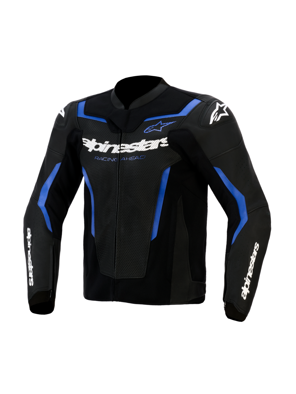 Skórzana kurtka Alpinestars GP Force V2 Airflow, czarno-niebieska, perforowane panele skórzane na klatce piersiowej, białe logo Alpinestars z napisem „Racing Ahead”, sportowy design z niebieskimi akcentami i białym logo gwiazdy na ramionach, profesjonalna odzież motocyklowa