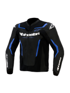 Skórzana kurtka Alpinestars GP Force V2 Airflow, czarno-niebieska, perforowane panele skórzane na klatce piersiowej, białe logo Alpinestars z napisem „Racing Ahead”, sportowy design z niebieskimi akcentami i białym logo gwiazdy na ramionach, profesjonalna odzież motocyklowa