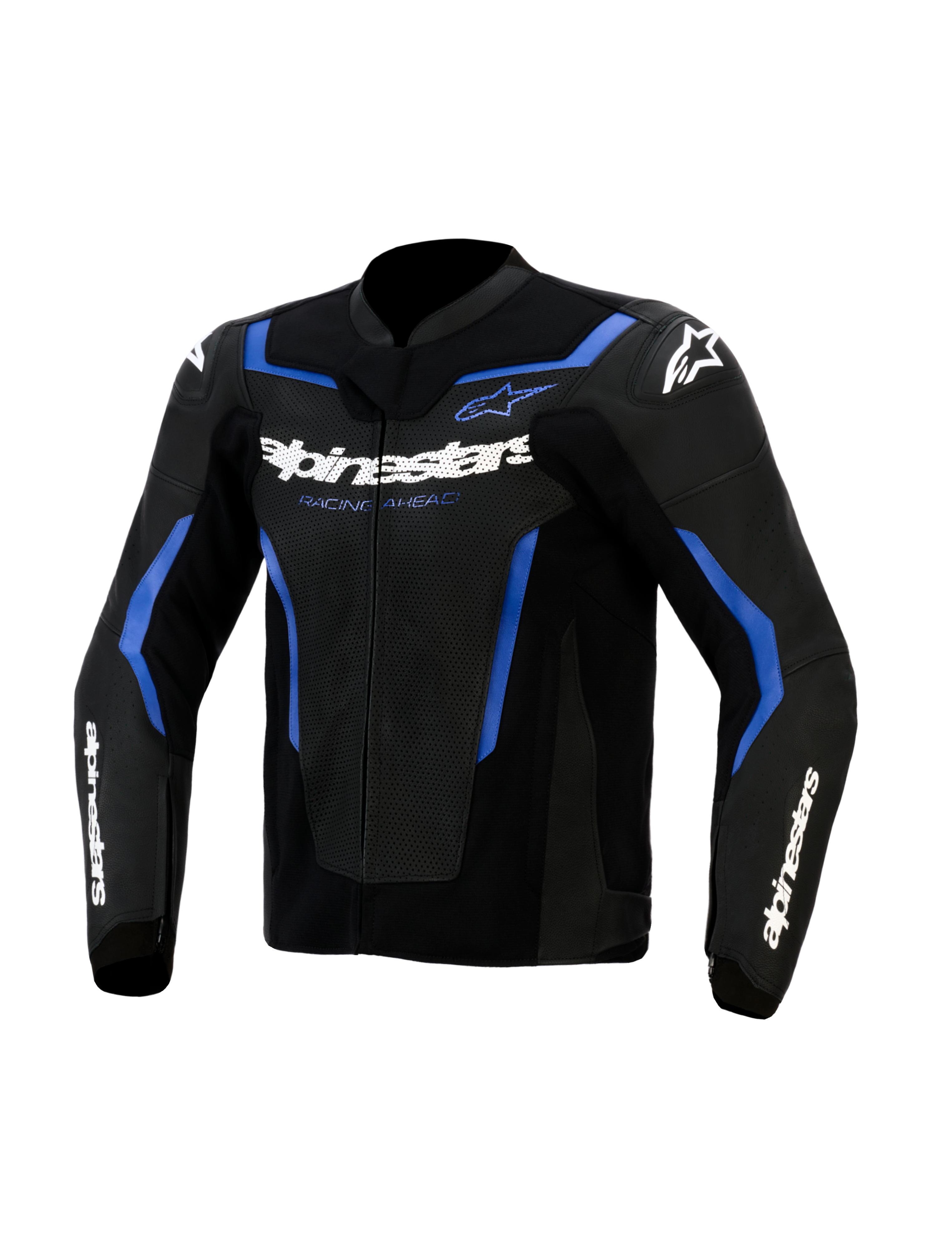 Skórzana kurtka Alpinestars GP Force V2 Airflow, czarno-niebieska, perforowane panele skórzane na klatce piersiowej, białe logo Alpinestars z napisem „Racing Ahead”, sportowy design z niebieskimi akcentami i białym logo gwiazdy na ramionach, profesjonalna odzież motocyklowa