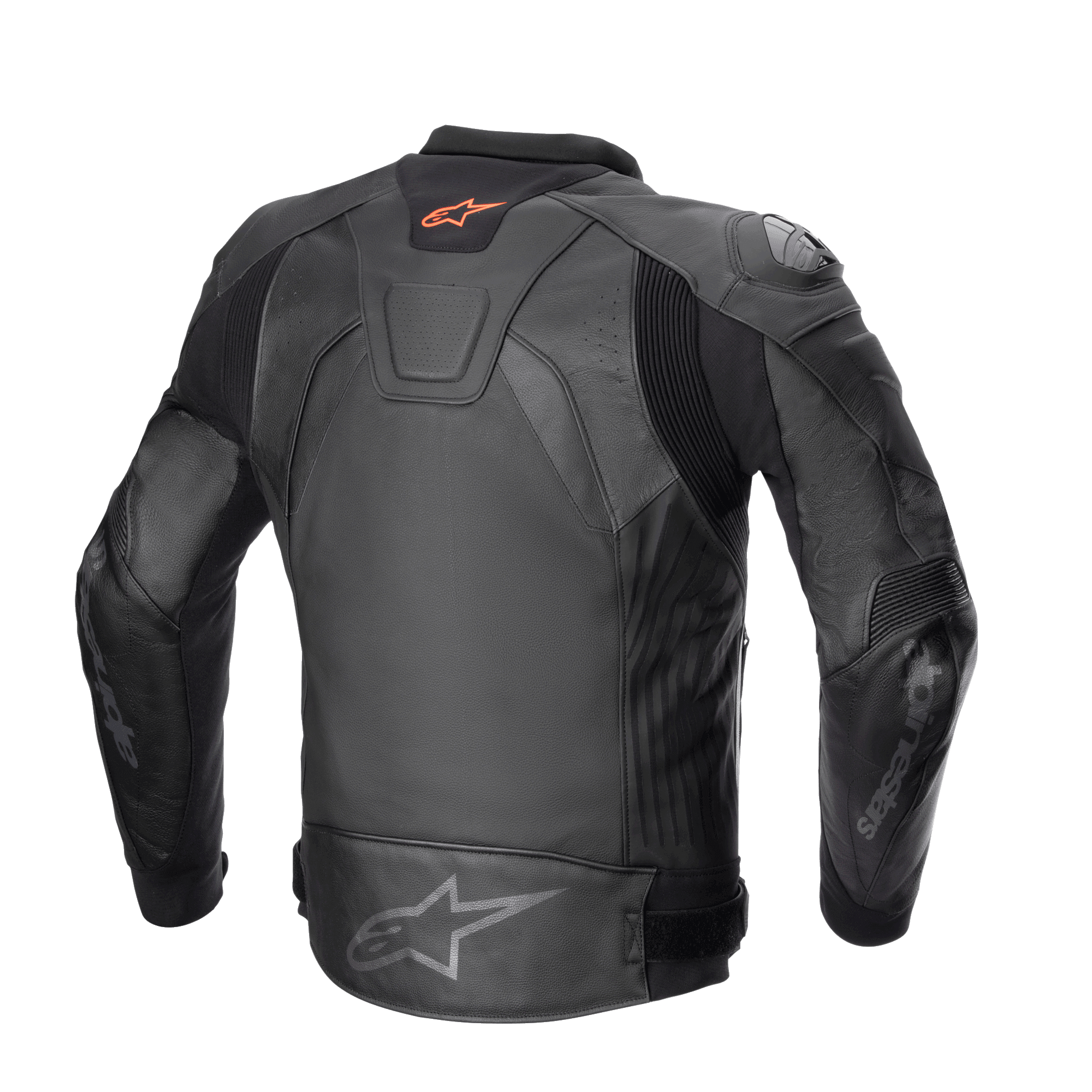 Alpinestars GP Plus V4 Leather Jacket, Sport Motorcycle Jacket, Black/Black, rear view featuring red Astar logo on neck, grey Astar logo on lower back, bovine leather construction with A-CS™ Plus stretch panels