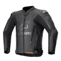 Alpinestars GP Plus V4 Leather Jacket, Black motorcycle racing jacket with silver ASTARS branding on the chest, front zipper, external DFS shoulder sliders, abdomen ventilation zippers, adjustable waist straps, red interior collar accents, premium leather and technical stretch construction