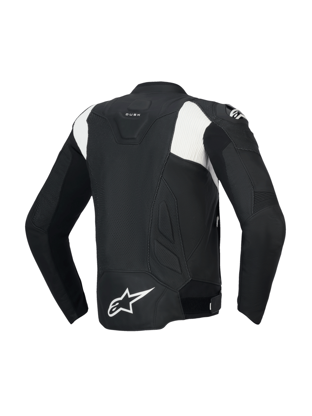 Alpinestars Dusk Airflow Skórzana Kurtka, męska perforowana kurtka motocyklowa, widok z tyłu, czarna i biała, konstrukcja ze skóry bydlęcej z certyfikatem CE i technologią Tech-Air Ready