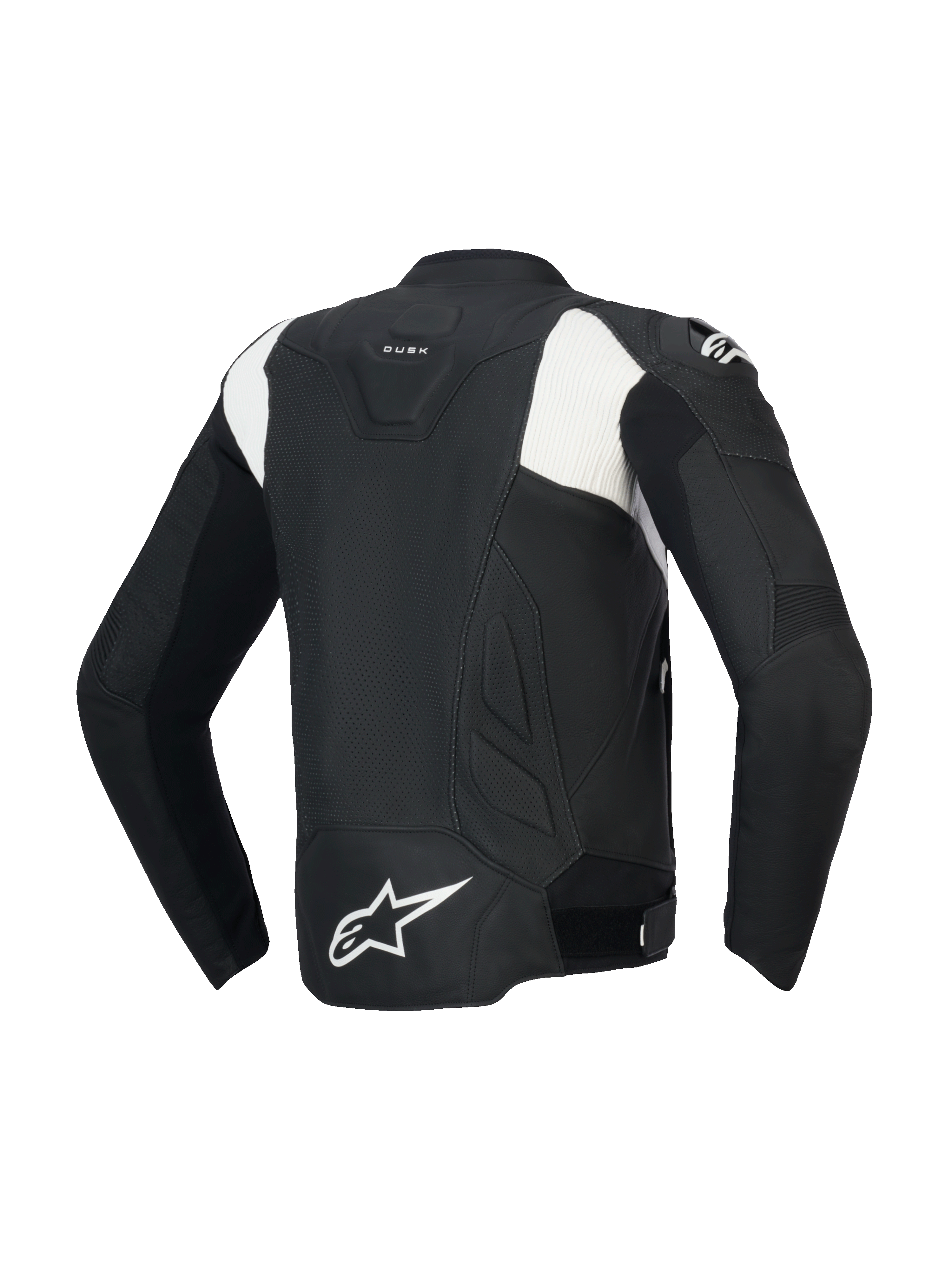 Alpinestars Dusk Airflow Skórzana Kurtka, męska perforowana kurtka motocyklowa, widok z tyłu, czarna i biała, konstrukcja ze skóry bydlęcej z certyfikatem CE i technologią Tech-Air Ready