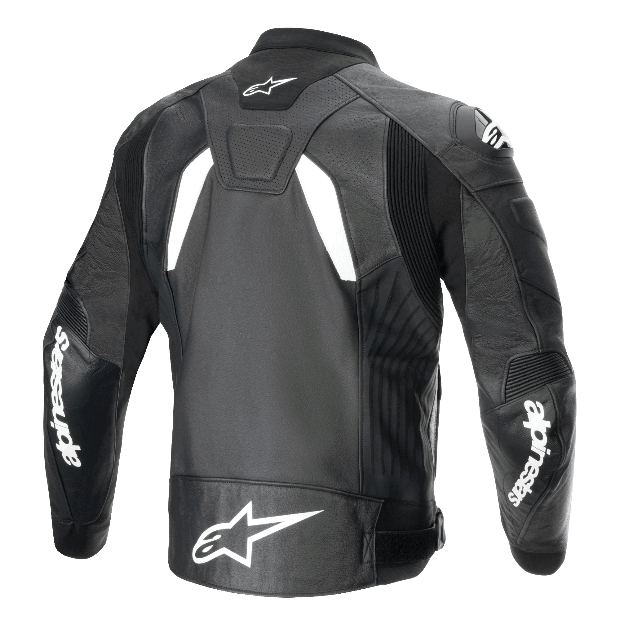 Alpinestars GP Plus R V4 Airflow Leather Jacket, Back View, Black and White, featuring perforated leather for ventilation, white Alpinestars logos on the sleeves and lower back, and integrated stretch panels for performance riding.