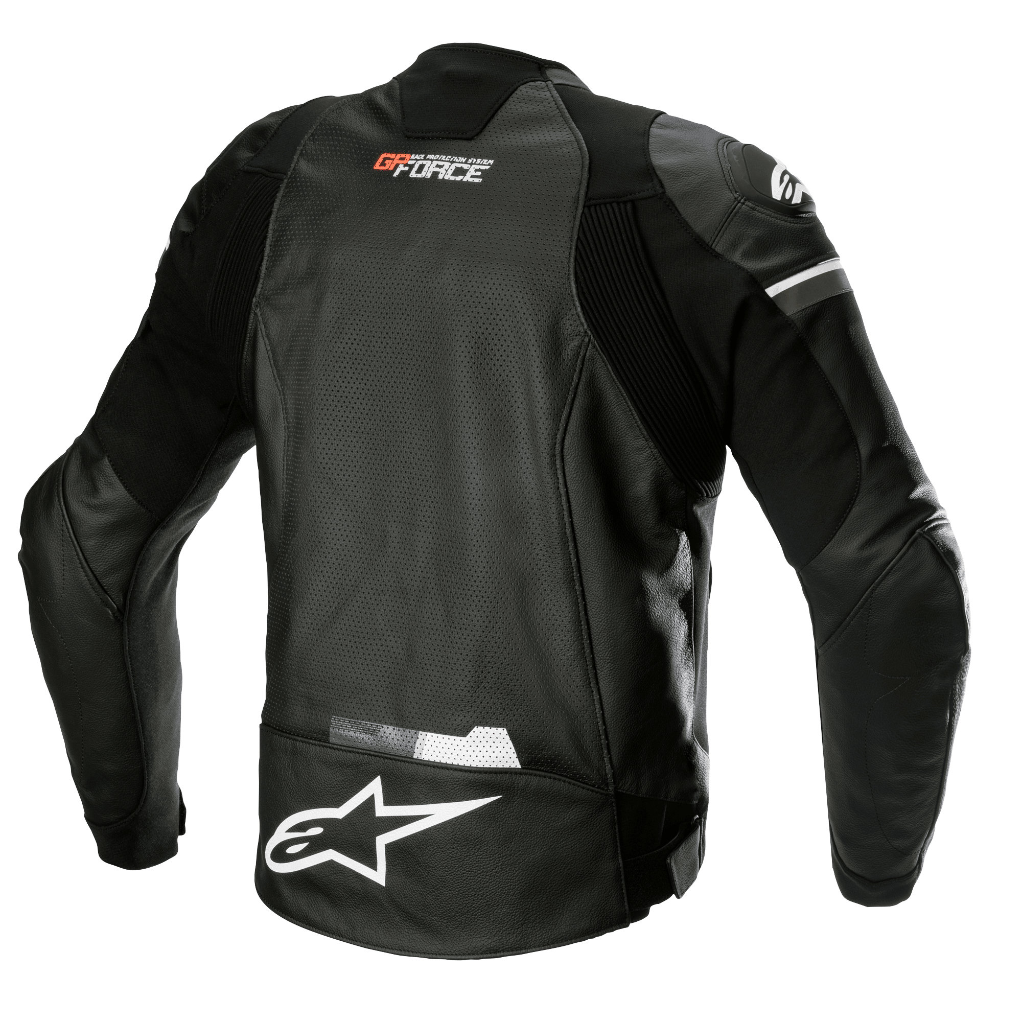 Skórzana kurtka Alpinestars GP Force Airflow, czarna, widok od tyłu, perforowana skóra bawola zapewniająca wentylację, branding GP Force na karku, duże białe logo gwiazdy Alpinestars w dolnej części pleców i zintegrowane panele elastyczne zapewniające sportowy krój