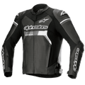 Alpinestars GP Force Airflow Leather Jacket, skórzana kurtka motocyklowa, czarna z białymi i szarymi akcentami, w pełni perforowana skóra na klatce piersiowej i plecach dla wentylacji, zewnętrzne slidery ramion DFS Lite, białe logo Alpinestars na klatce piersiowej i rękawach, sportowy design szosowy