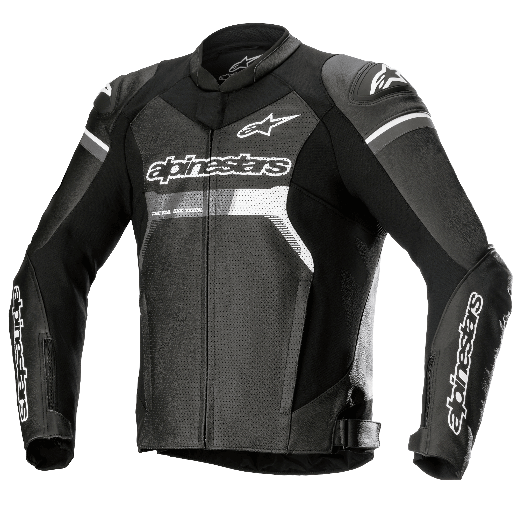 Alpinestars GP Force Airflow Leather Jacket, skórzana kurtka motocyklowa, czarna z białymi i szarymi akcentami, w pełni perforowana skóra na klatce piersiowej i plecach dla wentylacji, zewnętrzne slidery ramion DFS Lite, białe logo Alpinestars na klatce piersiowej i rękawach, sportowy design szosowy