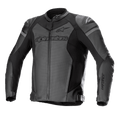Alpinestars GP Force Airflow Leather Jacket, skórzana kurtka motocyklowa, czarna i ciemnoszara, perforowane panele dla wentylacji, zewnętrzne slidery ramion DFS Lite, wyraźne logo na klatce piersiowej i rękawach, konstrukcja ze skóry premium z regulowanymi paskami w talii