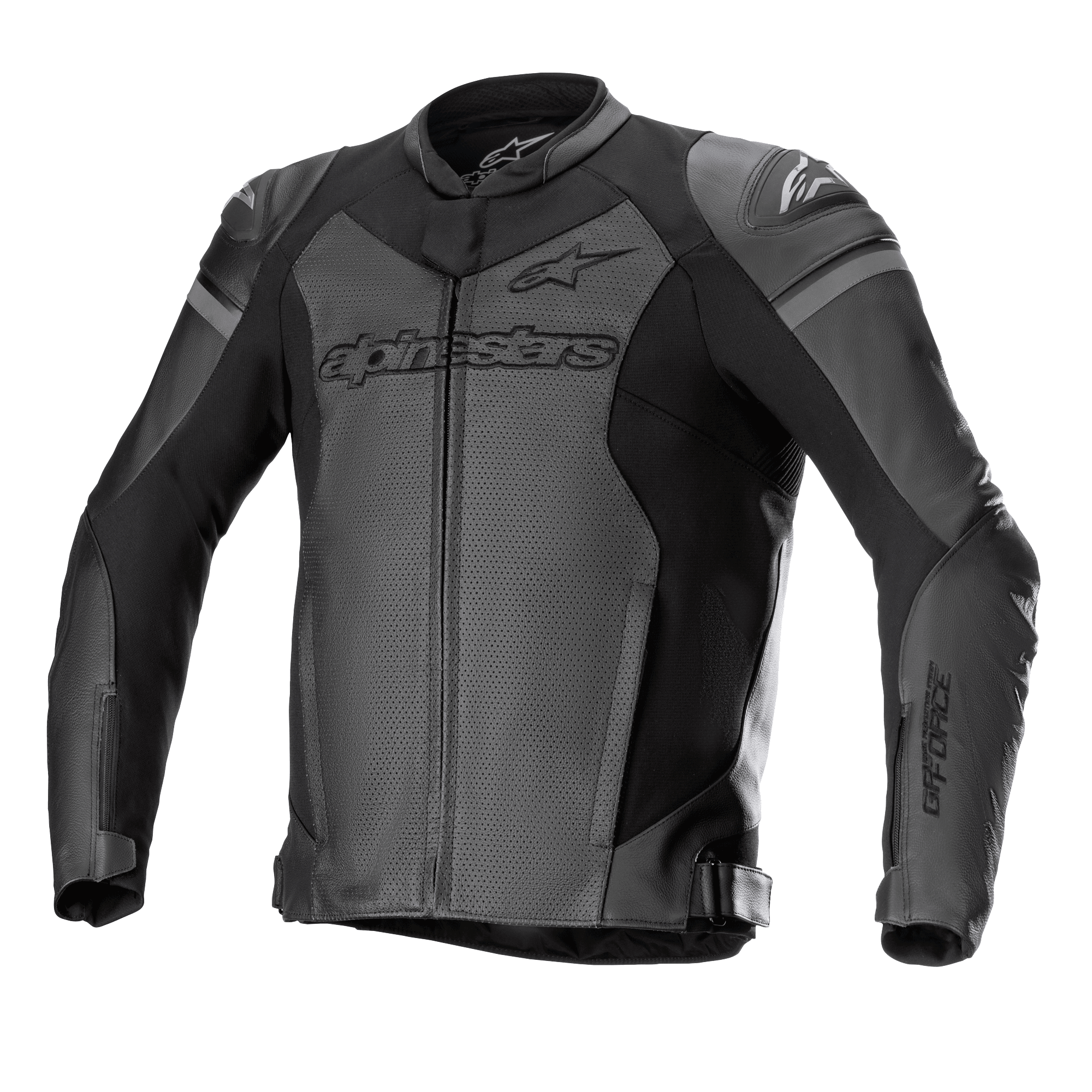 Alpinestars GP Force Airflow Leather Jacket, skórzana kurtka motocyklowa, czarna i ciemnoszara, perforowane panele dla wentylacji, zewnętrzne slidery ramion DFS Lite, wyraźne logo na klatce piersiowej i rękawach, konstrukcja ze skóry premium z regulowanymi paskami w talii