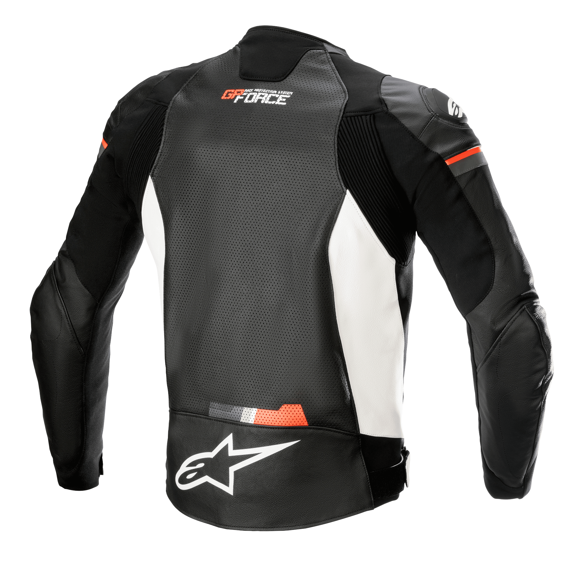 Skórzana kurtka Alpinestars GP Force Airflow, widok z tyłu, czarna z białymi i fluorescencyjnymi czerwonymi elementami, perforowany skórzany panel na plecach dla wentylacji, elastyczne wstawki harmonijkowe na ramionach i bokach, białe logo Alpinestars na dole pleców, branding GP Force, sportowa odzież motocyklowa
