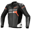 Skórzana kurtka motocyklowa Alpinestars GP Force Airflow, czarna z białymi i czerwonymi akcentami Fluo, perforowana skóra, ochraniacze ramion DFS Lite, logo Alpinestars na klatce piersiowej i rękawach, wentylowany sportowy design