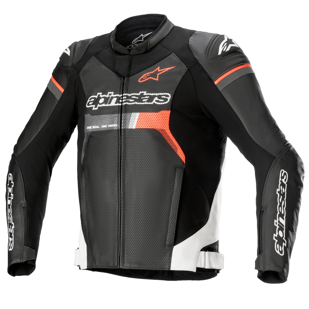 Skórzana kurtka motocyklowa Alpinestars GP Force Airflow, czarna z białymi i czerwonymi akcentami Fluo, perforowana skóra, ochraniacze ramion DFS Lite, logo Alpinestars na klatce piersiowej i rękawach, wentylowany sportowy design