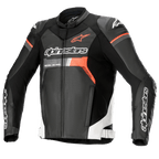 Skórzana kurtka motocyklowa Alpinestars GP Force Airflow, czarna z białymi i czerwonymi akcentami Fluo, perforowana skóra, ochraniacze ramion DFS Lite, logo Alpinestars na klatce piersiowej i rękawach, wentylowany sportowy design