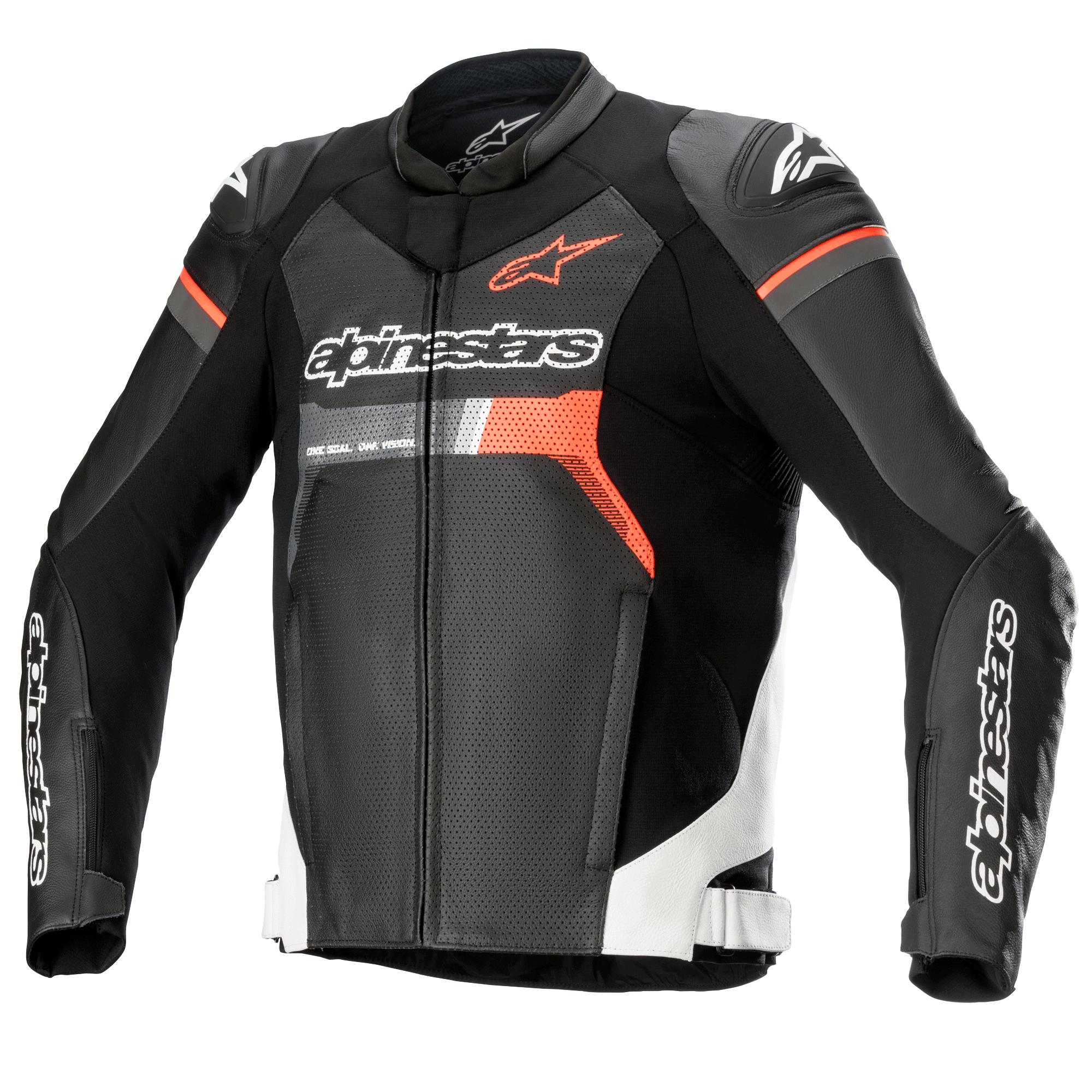 Skórzana kurtka motocyklowa Alpinestars GP Force Airflow, czarna z białymi i czerwonymi akcentami Fluo, perforowana skóra, ochraniacze ramion DFS Lite, logo Alpinestars na klatce piersiowej i rękawach, wentylowany sportowy design
