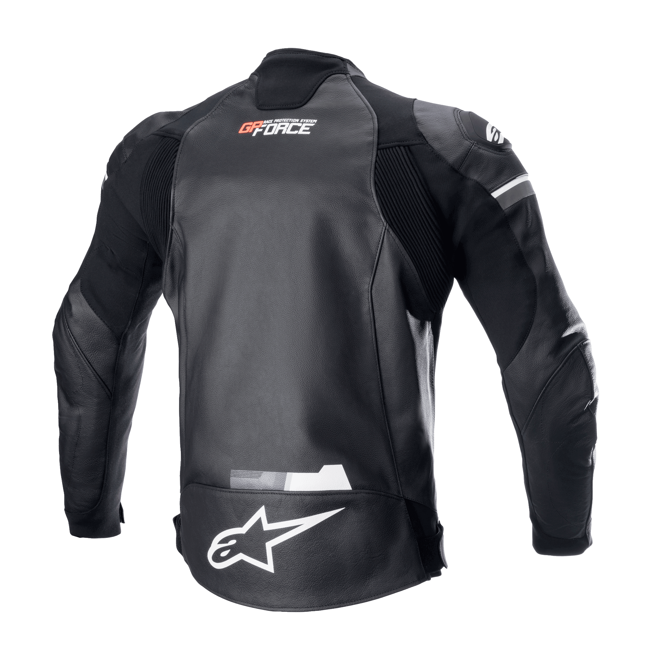 Alpinestars GP Force Leather Jacket, czarna kurtka skórzana, widok z tyłu z białym logo Alpinestars na dole pleców i brandingiem GP Force na górze, elastyczne panele harmonijkowe, wytrzymała konstrukcja ze skóry bydlęcej do jazdy szosowej