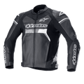 Skórzana kurtka Alpinestars GP Force, czarna z białymi i szarymi akcentami, motocyklowa kurtka wyścigowa, wykonana z wysokiej jakości skóry bydlęcej, wyraźne logo Alpinestars na klatce piersiowej i rękawach, slidery ramion DFS Lite, ergonomiczny sportowy krój do jazdy szosowej