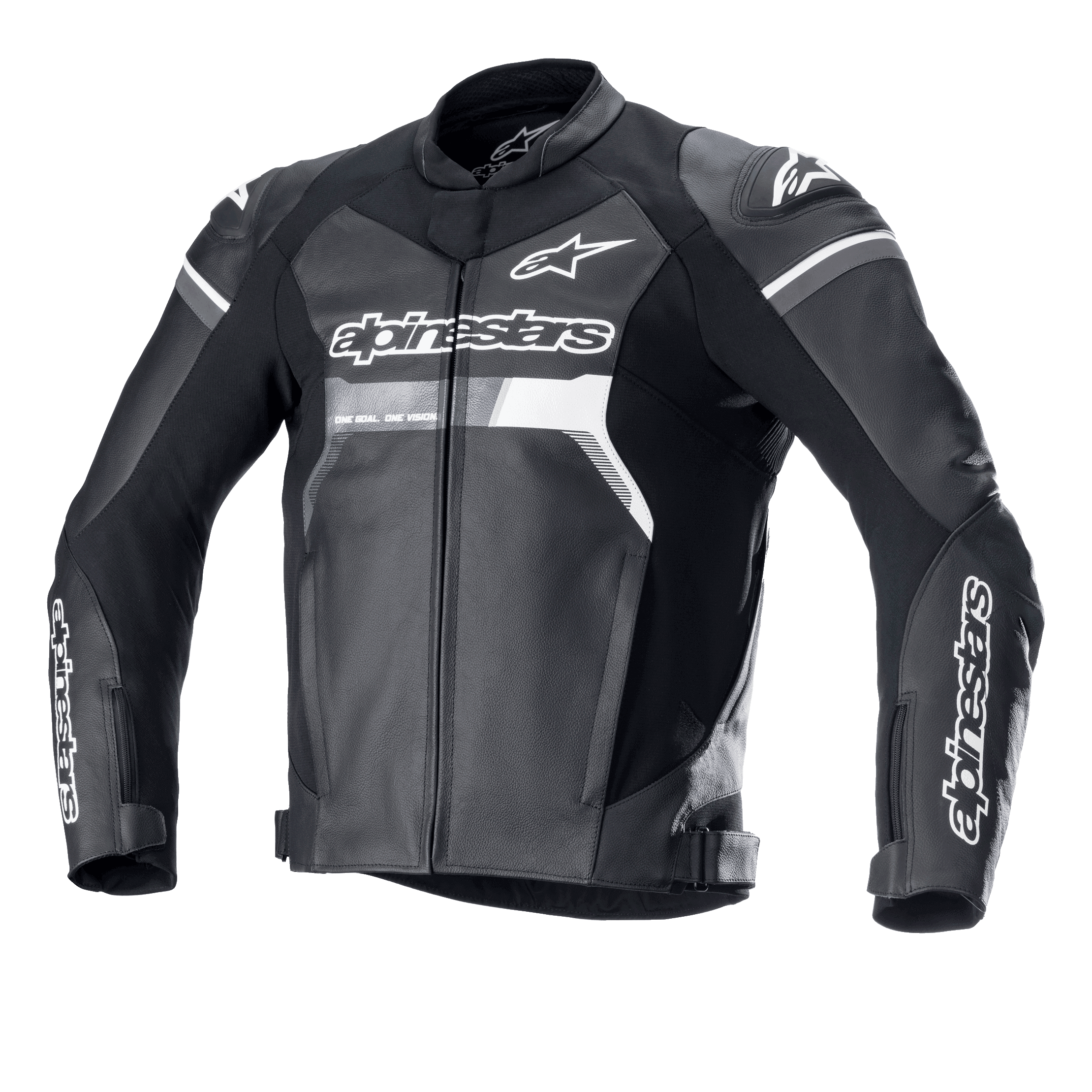 Skórzana kurtka Alpinestars GP Force, czarna z białymi i szarymi akcentami, motocyklowa kurtka wyścigowa, wykonana z wysokiej jakości skóry bydlęcej, wyraźne logo Alpinestars na klatce piersiowej i rękawach, slidery ramion DFS Lite, ergonomiczny sportowy krój do jazdy szosowej