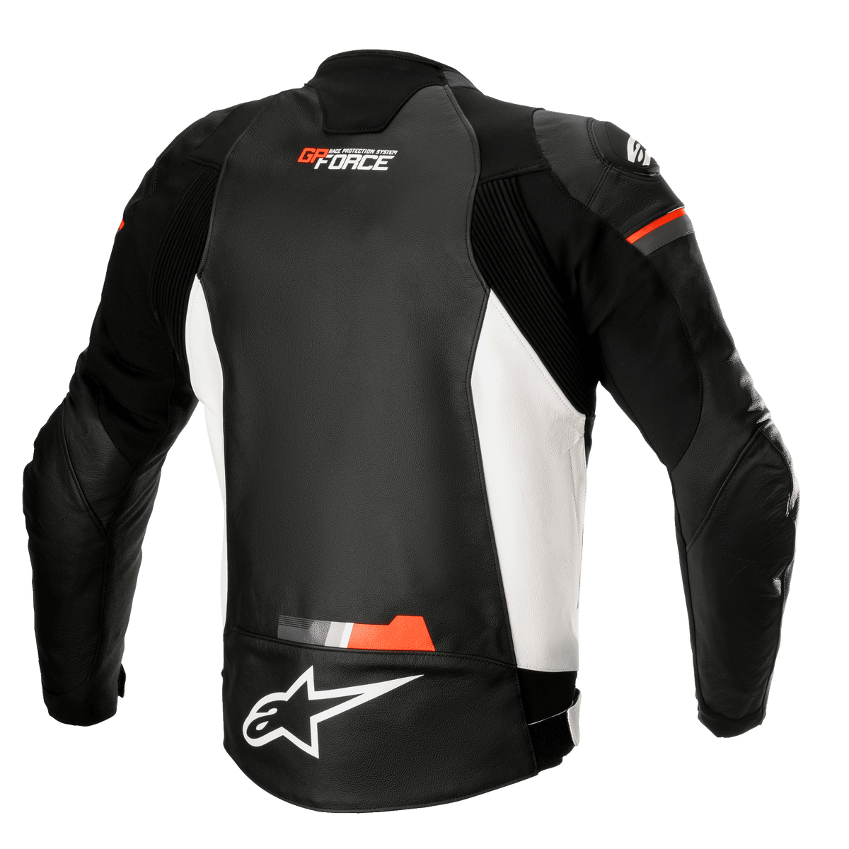Alpinestars GP Force Leather Jacket, motocyklowa kurtka skórzana, czarno-biała z fluorescencyjnymi czerwonymi akcentami, widok z tyłu z białymi panelami bocznymi, logo GP Force i Alpinestars, sportowy skórzany design z elastycznymi panelami typu akordeon