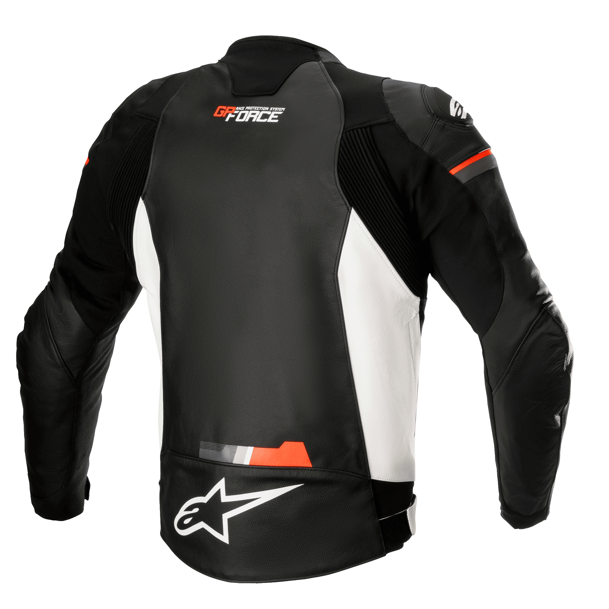 Alpinestars GP Force Leather Jacket, motocyklowa kurtka skórzana, czarno-biała z fluorescencyjnymi czerwonymi akcentami, widok z tyłu z białymi panelami bocznymi, logo GP Force i Alpinestars, sportowy skórzany design z elastycznymi panelami typu akordeon