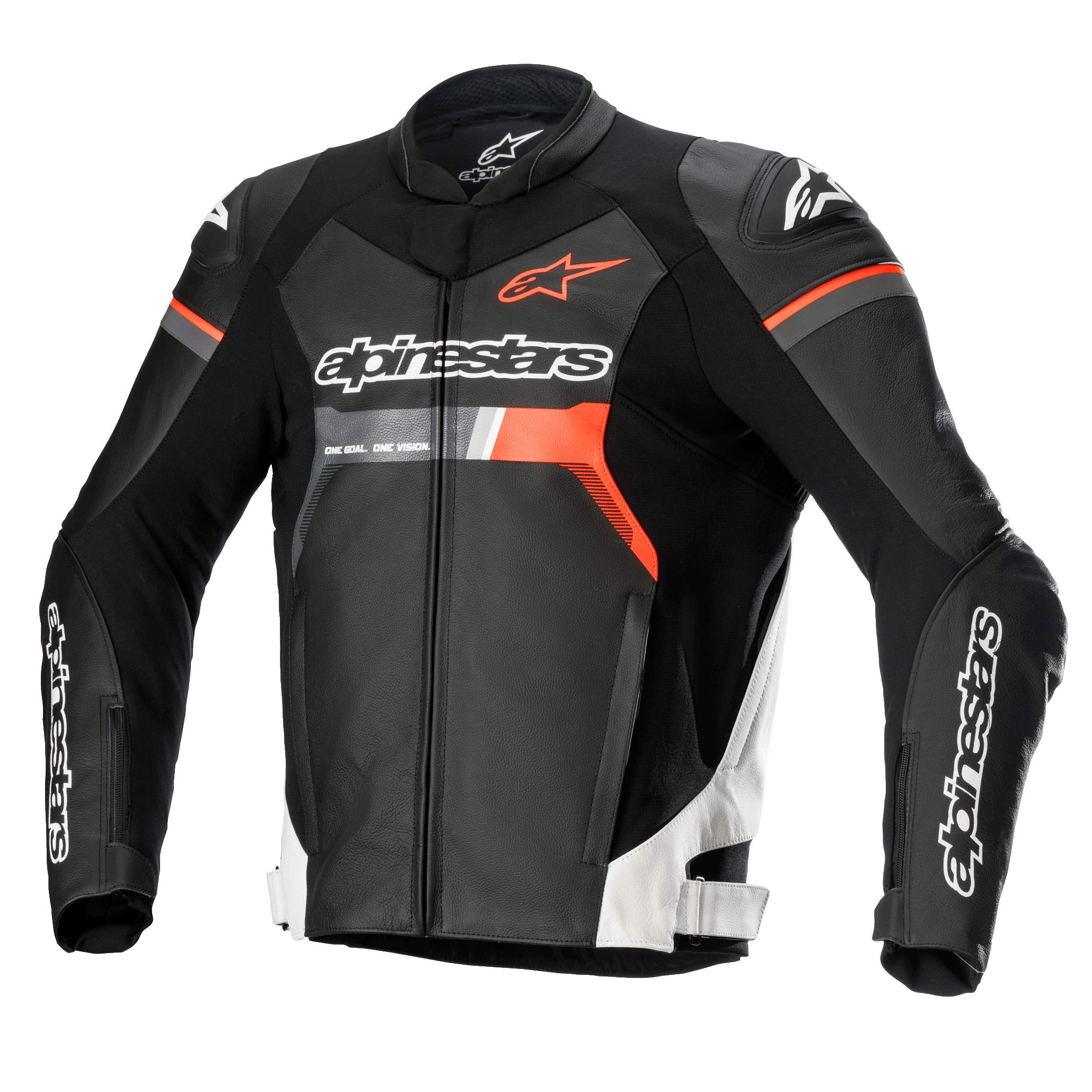 Alpinestars GP Force Leather Jacket, motocyklowa kurtka wyścigowa, czarna z białymi i czerwonymi akcentami fluo, z wyraźnym brandingiem Alpinestars na klatce piersiowej i rękawach, wykonana z najwyższej jakości skóry bydlęcej z ochraniaczami ramion DFS Lite, smukła aerodynamiczna sylwetka
