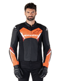 Alpinestars Faster V3 Leather Jacket, Sport Motorcycle Jacket, Black and Red Fluo, worn by a male model with black riding gloves and pants, featuring bold Alpinestars branding on chest and forearms, premium leather construction for road riding.