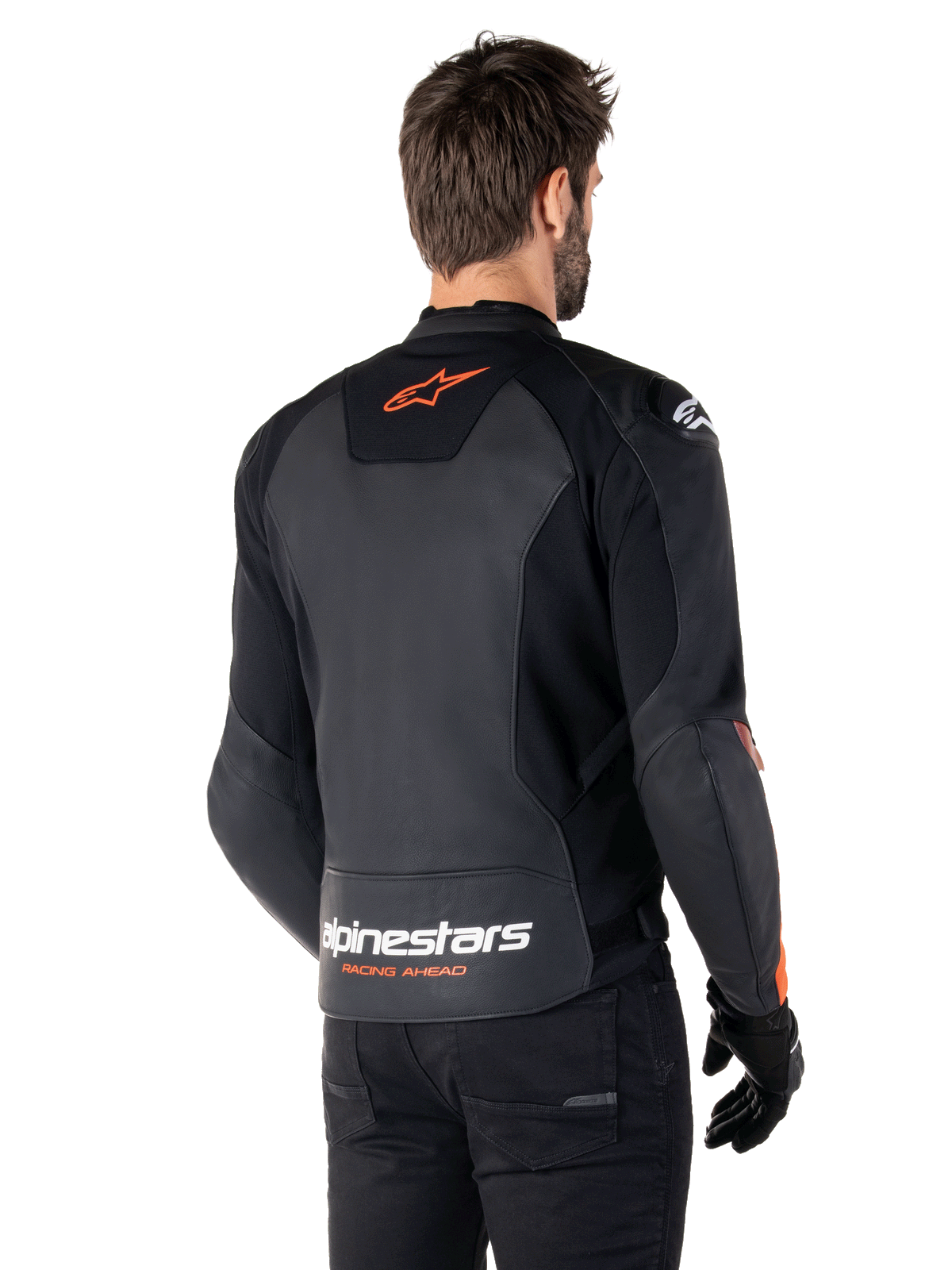 Alpinestars Faster V3 Leather Jacket, sportowa kurtka motocyklowa, czarna i czerwona fluo, wykonana z najwyższej jakości skóry, elastyczne panele HRSF i ochraniacze ramion DFS GP Lite, smukły design inspirowany wyścigami z technicznymi detalami
