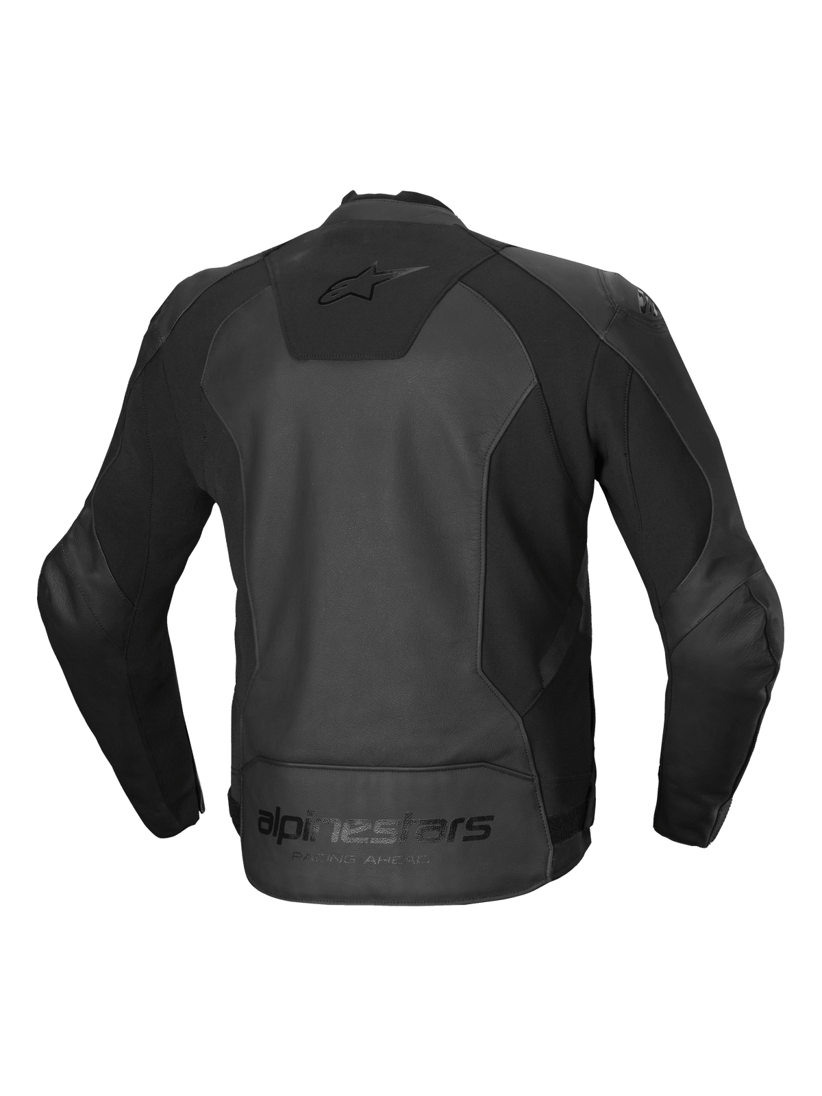 Alpinestars Faster V3 Leather Jacket, męska skórzana kurtka motocyklowa, widok z tyłu w kolorze czarnym, certyfikat CE klasa AA z zaawansowanymi elastycznymi panelami HRSF