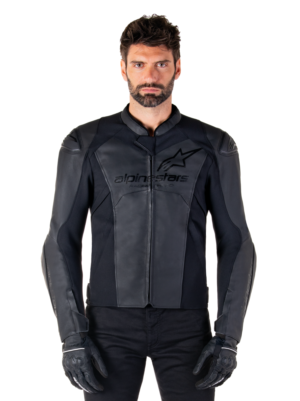 Skórzana kurtka Alpinestars Faster V3, czarna kurtka motocyklowa, skóra premium z elastycznymi panelami HRSF, dopasowany sportowy krój, wzmocnione ramiona z ochraniaczami, czarne rękawice, profesjonalny sprzęt do jazdy szosowej