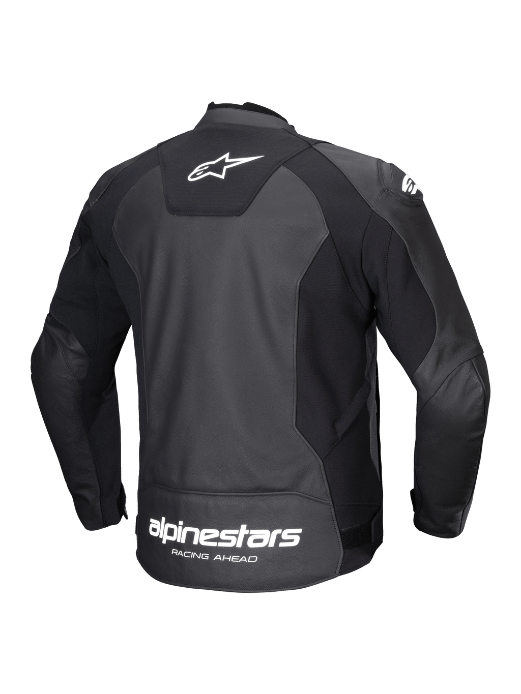 Alpinestars Kurtka Faster V3 Skórzana, męska kurtka motocyklowa o sportowym kroju, widok z tyłu, czarna z białymi detalami, trwała konstrukcja skórzana z zaawansowanymi wstawkami elastycznymi oraz logo na plecach