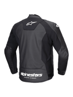 Alpinestars Kurtka Faster V3 Skórzana, męska kurtka motocyklowa o sportowym kroju, widok z tyłu, czarna z białymi detalami, trwała konstrukcja skórzana z zaawansowanymi wstawkami elastycznymi oraz logo na plecach