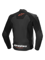 Alpinestars Faster V3 Airflow Leather Jacket, back view of the black and red sport motorcycle jacket with perforated leather and stretch panels