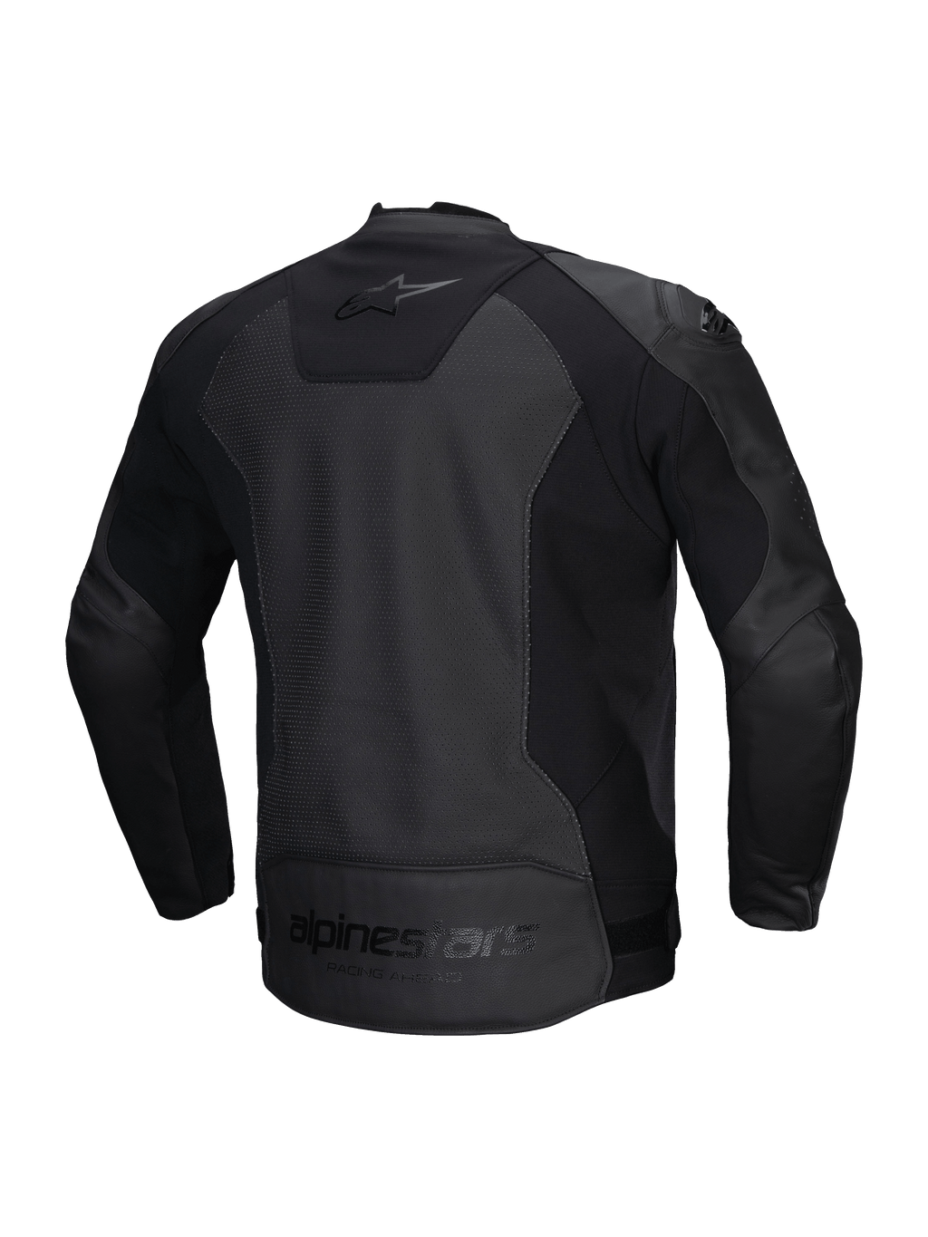 Alpinestars Skórzana Kurtka Faster V3 Airflow, męska sportowa kurtka motocyklowa, czarna, certyfikowana CE z perforowaną skórą i wstawkami stretch, widok z tyłu pokazujący elastyczne wstawki i branding