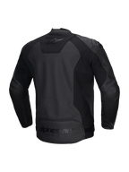 Alpinestars Skórzana Kurtka Faster V3 Airflow, męska sportowa kurtka motocyklowa, czarna, certyfikowana CE z perforowaną skórą i wstawkami stretch, widok z tyłu pokazujący elastyczne wstawki i branding