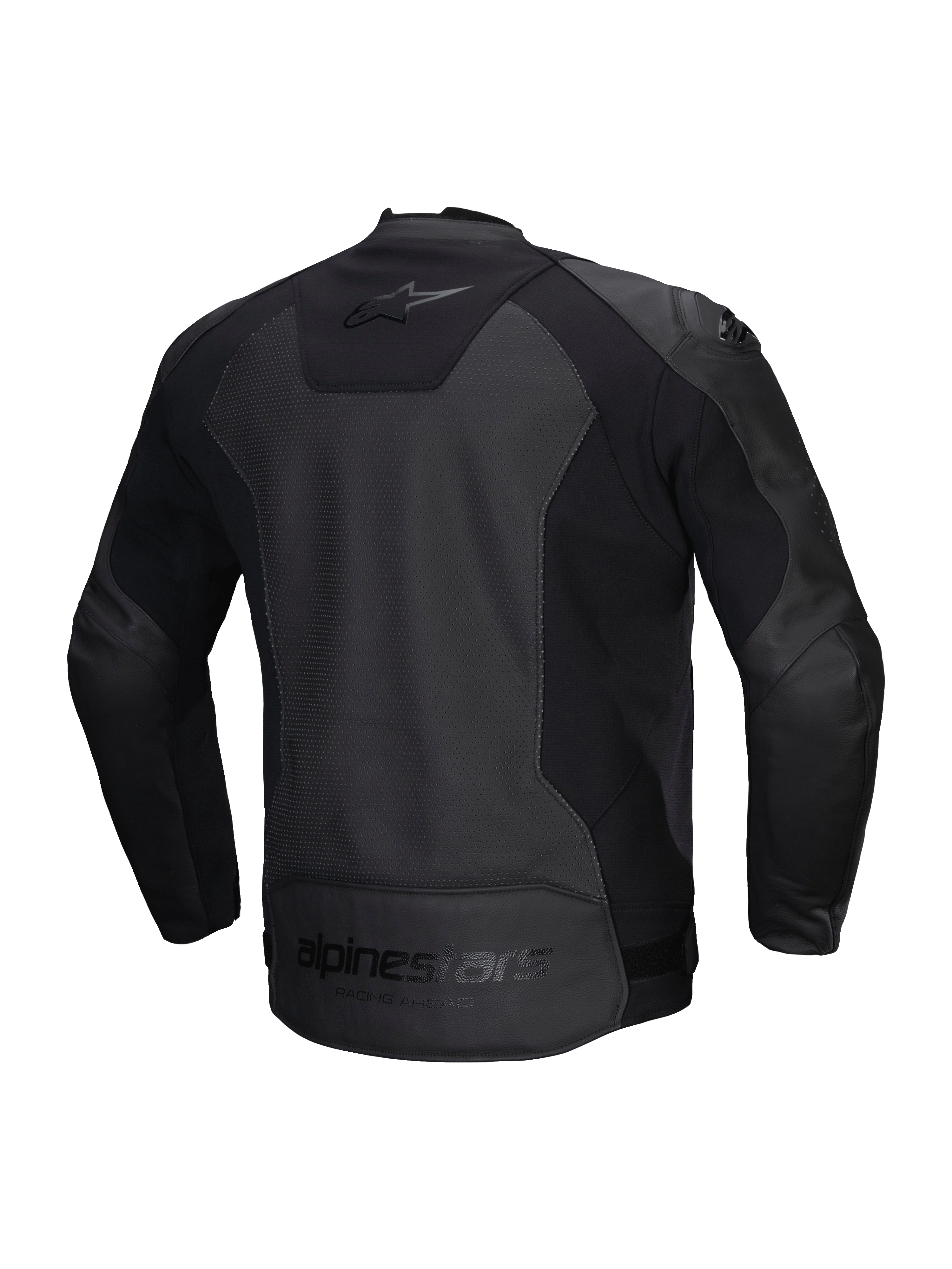 Alpinestars Skórzana Kurtka Faster V3 Airflow, męska sportowa kurtka motocyklowa, czarna, certyfikowana CE z perforowaną skórą i wstawkami stretch, widok z tyłu pokazujący elastyczne wstawki i branding