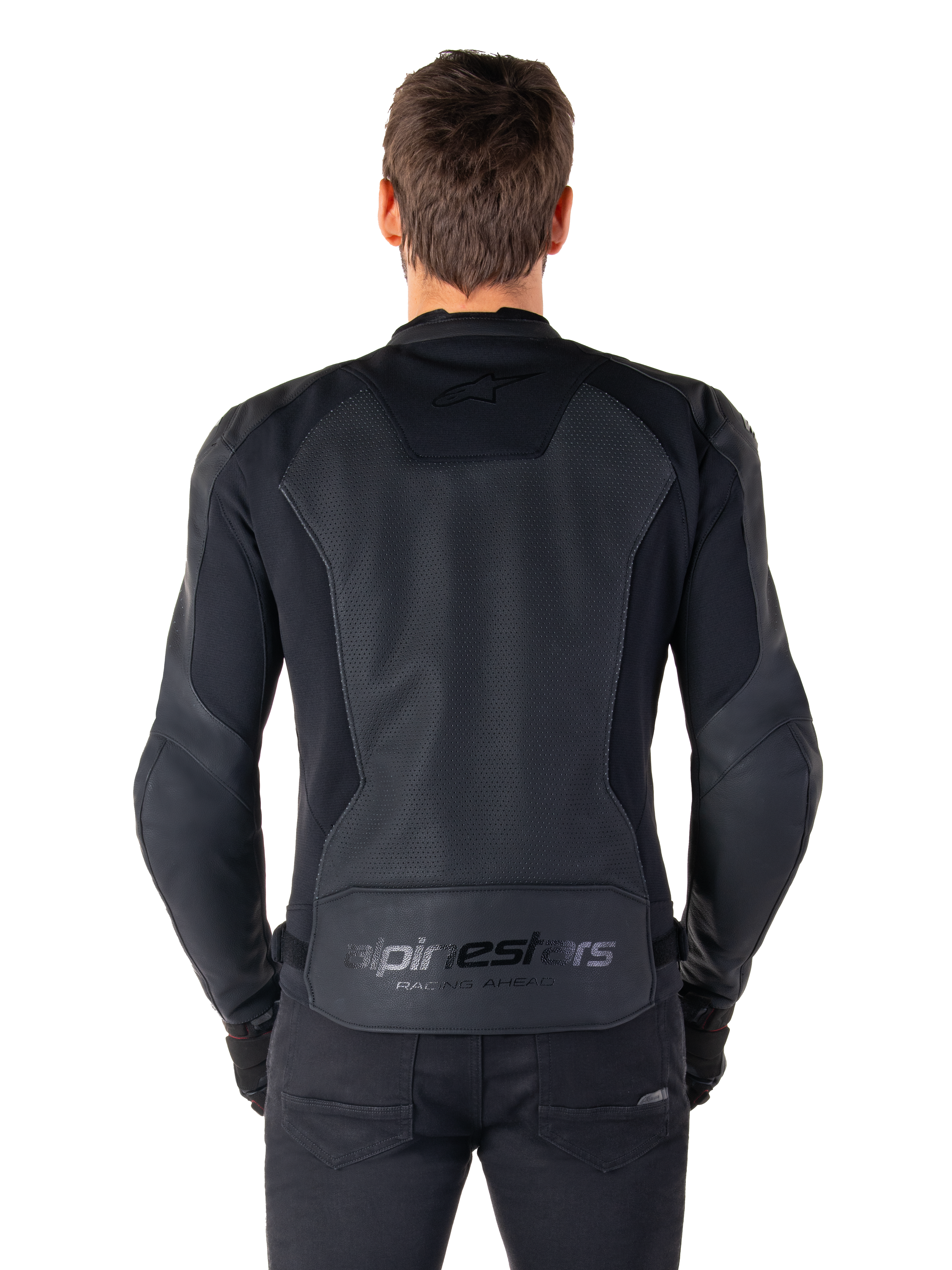 Alpinestars Faster V3 Airflow Leather Jacket, Back view on model, Black Black, featuring perforated leather back panel for airflow, subtle branding, and ergonomic sport fit design