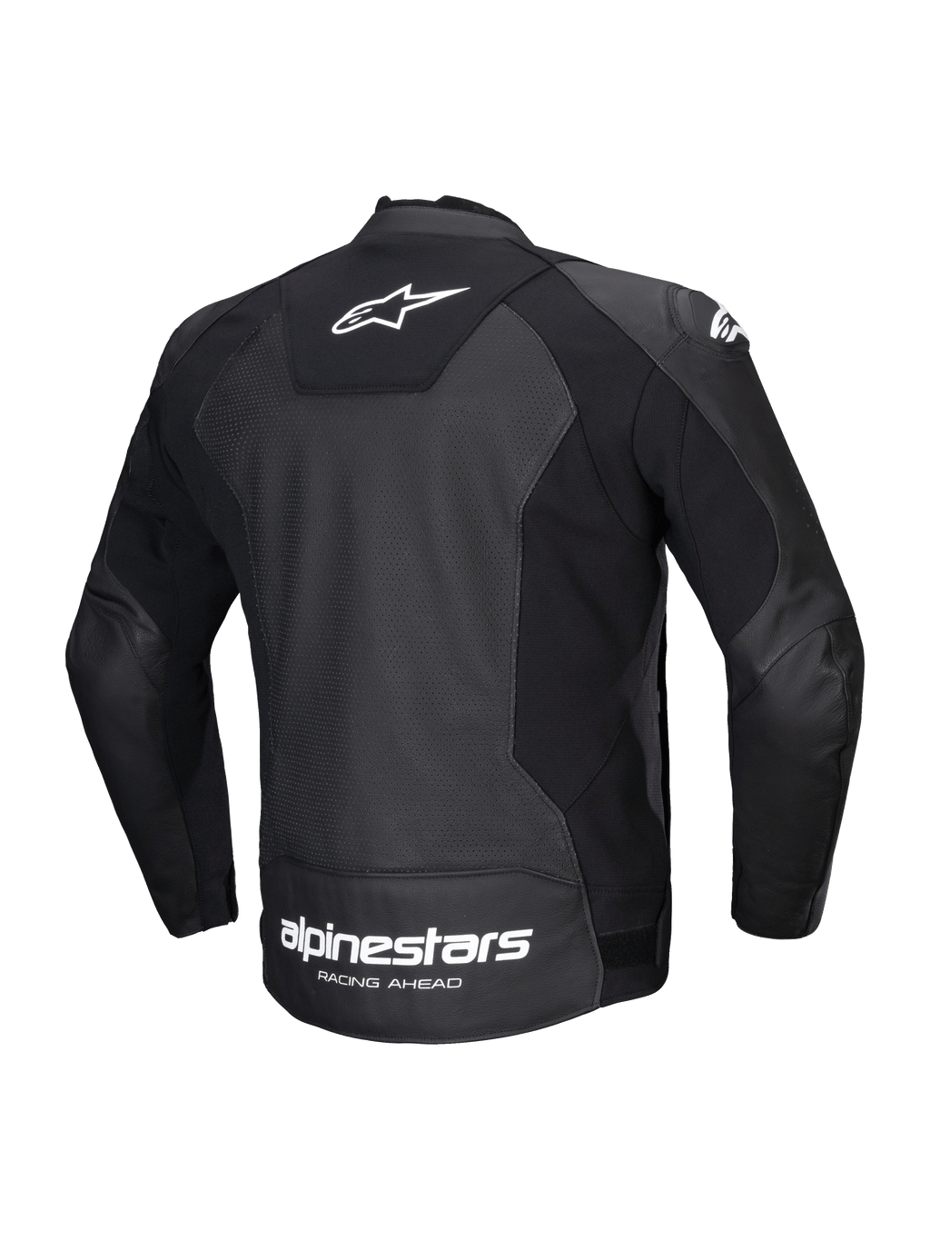 Alpinestars Faster V3 Airflow, męska skórzana kurtka motocyklowa, tył, czarna i biała, certyfikowana CE, z panelami stretch HRSF i perforowaną skórą