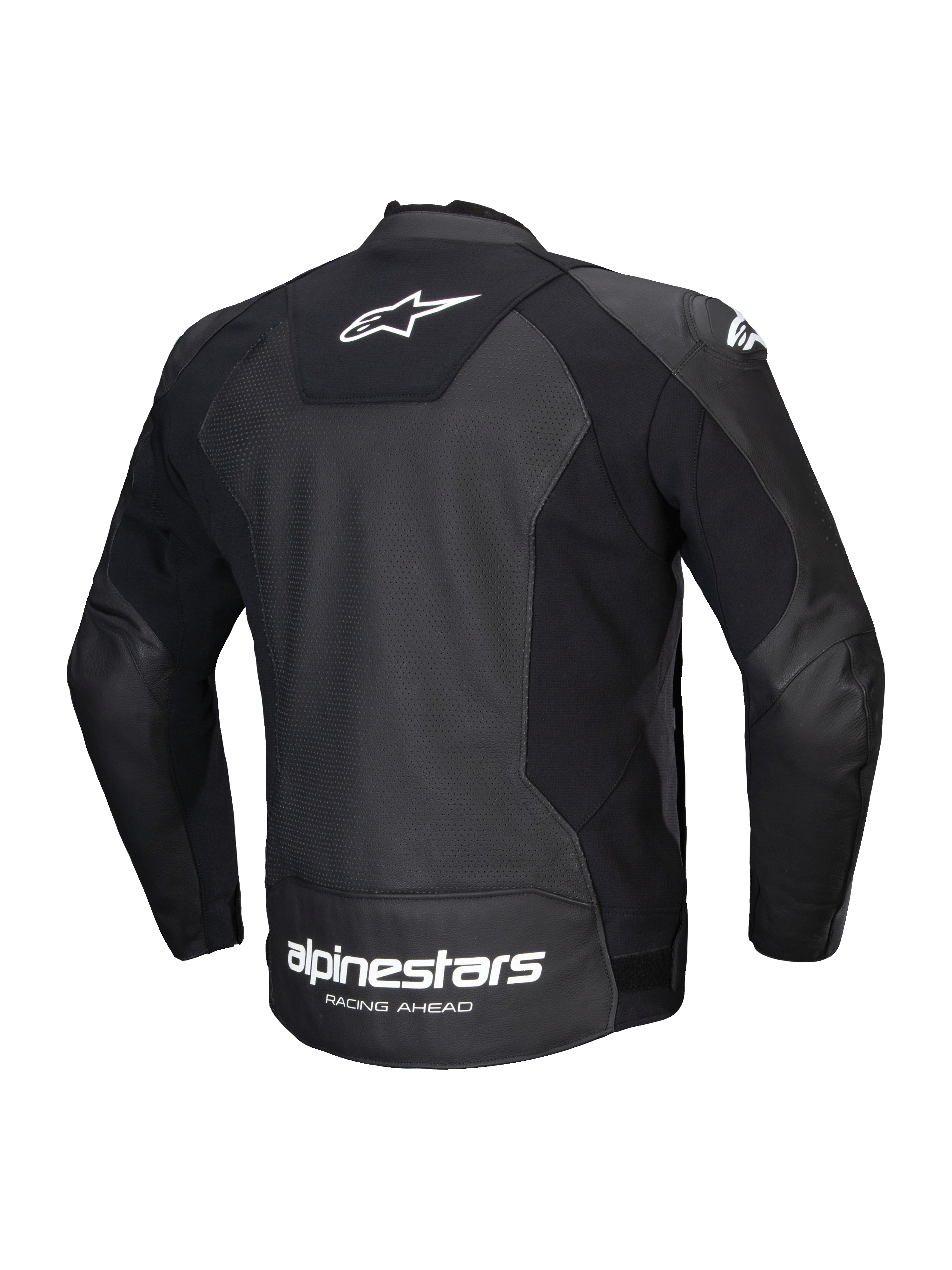 Alpinestars Faster V3 Airflow, męska skórzana kurtka motocyklowa, tył, czarna i biała, certyfikowana CE, z panelami stretch HRSF i perforowaną skórą