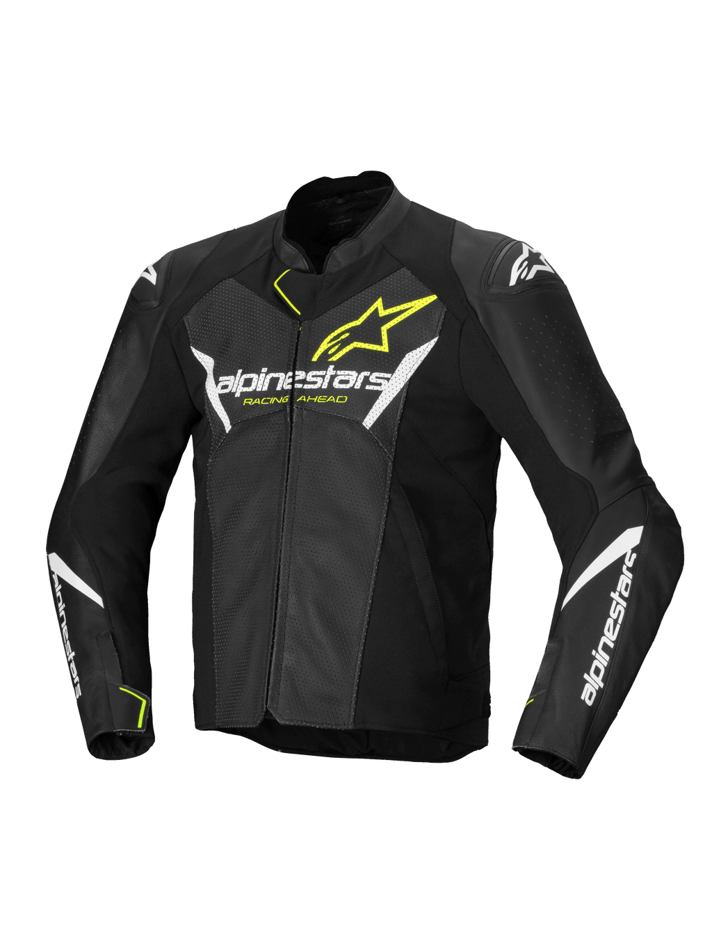 Alpinestars Faster V3 Airflow Leather Jacket, Men's Sport Motorcycle Jacket, Black, White and Yellow Fluo, perforated leather construction with CE certified protection