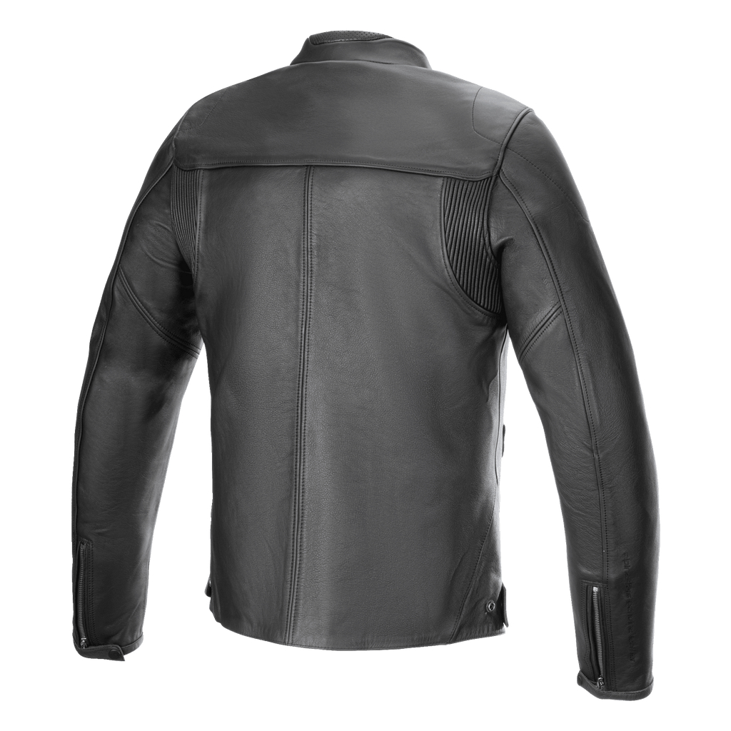Alpinestars Blacktrack Leather Jacket, kurtka motocyklowa, czarna, widok z tyłu, konstrukcja z najwyższej jakości skóry bydlęcej, elastyczne panele akordeonowe na ramionach, mankiety z zamkami, minimalistyczny miejski design