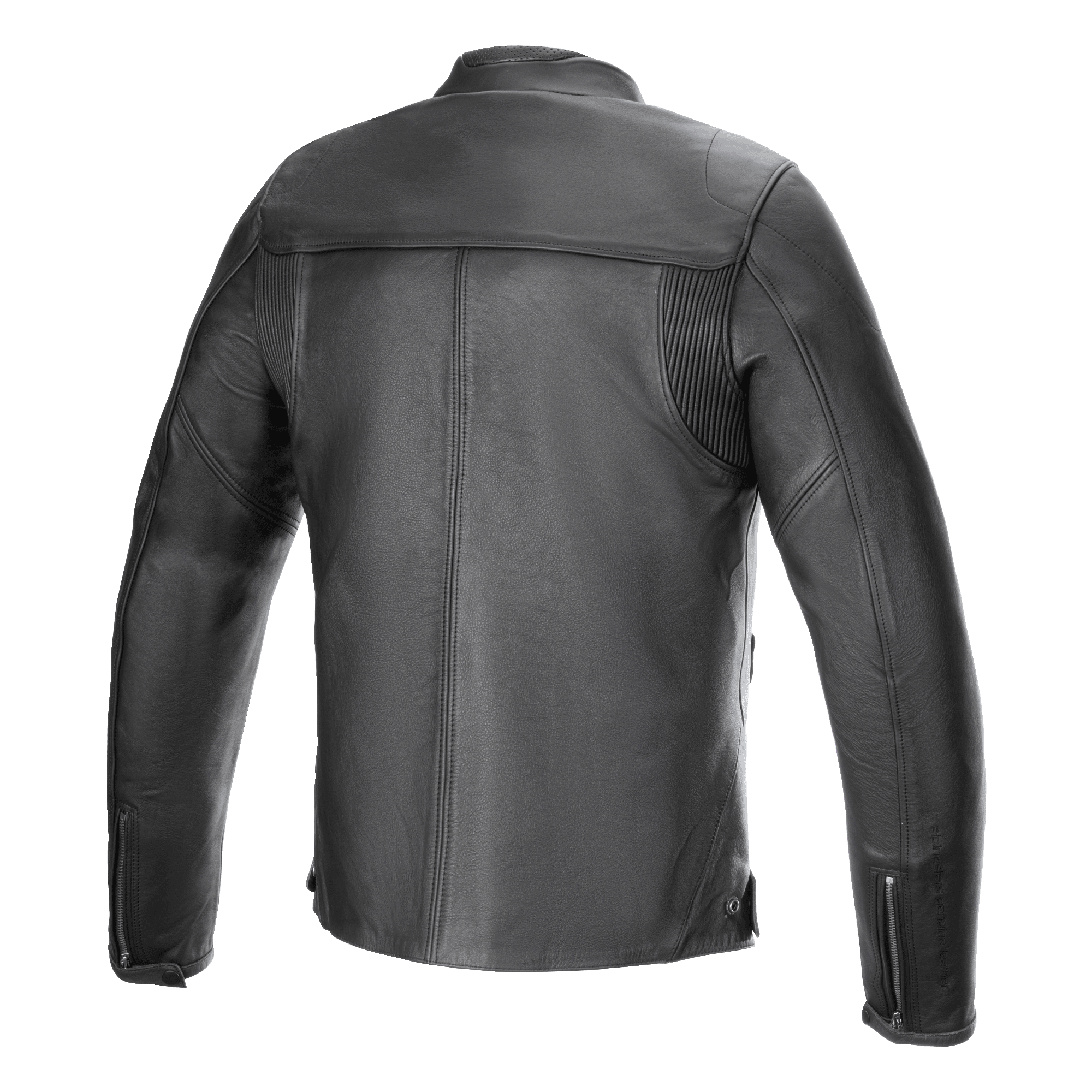 Alpinestars Blacktrack Leather Jacket, kurtka motocyklowa, czarna, widok z tyłu, konstrukcja z najwyższej jakości skóry bydlęcej, elastyczne panele akordeonowe na ramionach, mankiety z zamkami, minimalistyczny miejski design