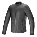 Alpinestars Blacktrack Leather Jacket, kurtka motocyklowa, czarna, najwyższej jakości skóra bydlęca z metalicznym zamkiem w kolorze gunmetal i naszywką na ramieniu, stójka, boczne kieszenie na zamek i regulacja w pasie na guziki, nowoczesny miejski styl szosowy