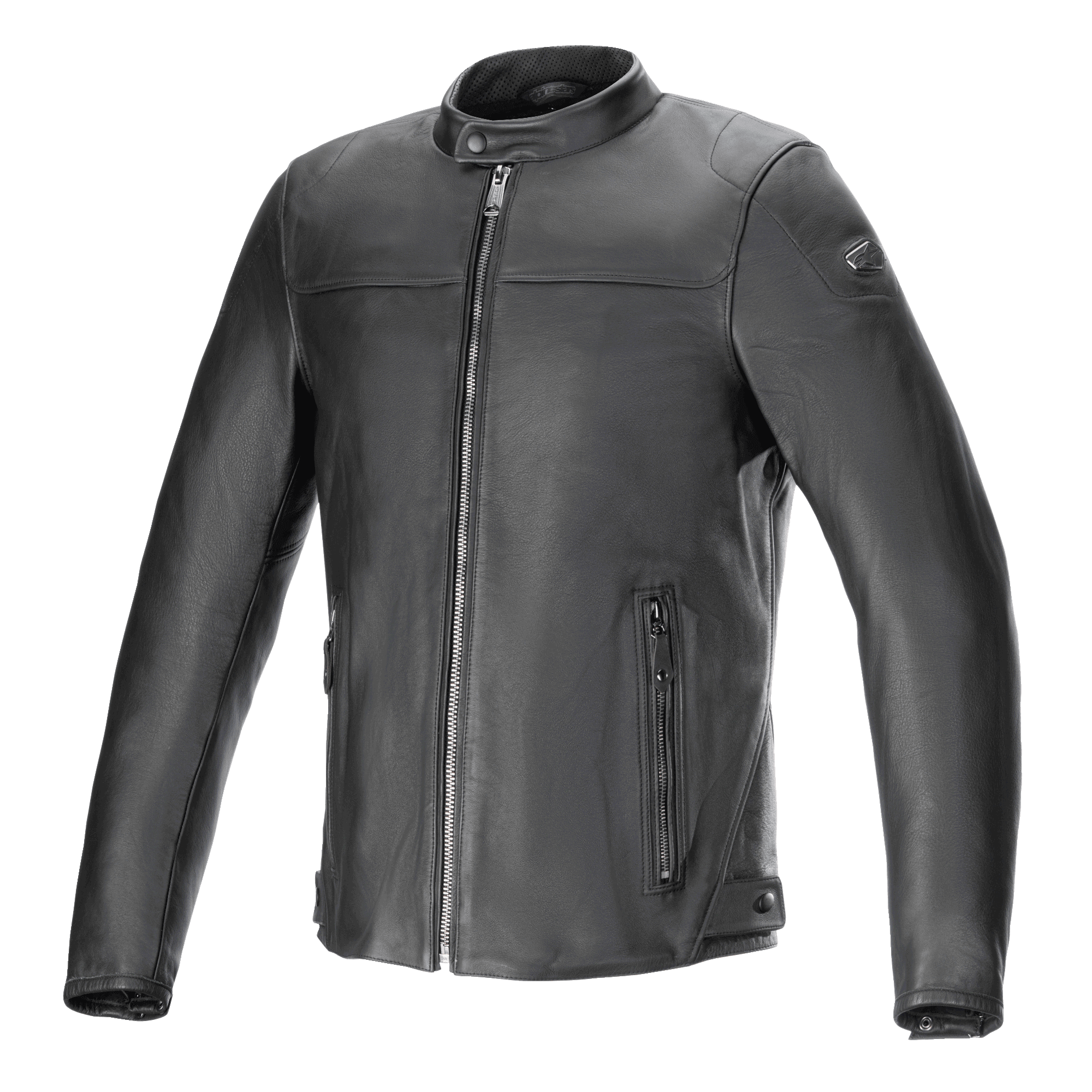 Alpinestars Blacktrack Leather Jacket, kurtka motocyklowa, czarna, najwyższej jakości skóra bydlęca z metalicznym zamkiem w kolorze gunmetal i naszywką na ramieniu, stójka, boczne kieszenie na zamek i regulacja w pasie na guziki, nowoczesny miejski styl szosowy