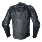 Alpinestars Atem V5 Leather Jacket, motocyklowa kurtka wyścigowa, czarna, widok z tyłu ukazujący aerodynamiczny garb, ochraniacze ramion i łokci DFS RR, techniczna konstrukcja skórzana z elastycznymi panelami i logo Alpinestars na rękawach
