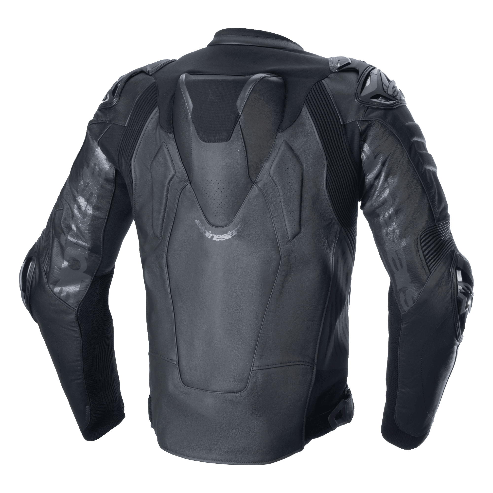 Alpinestars Atem V5 Leather Jacket, motocyklowa kurtka wyścigowa, czarna, widok z tyłu ukazujący aerodynamiczny garb, ochraniacze ramion i łokci DFS RR, techniczna konstrukcja skórzana z elastycznymi panelami i logo Alpinestars na rękawach